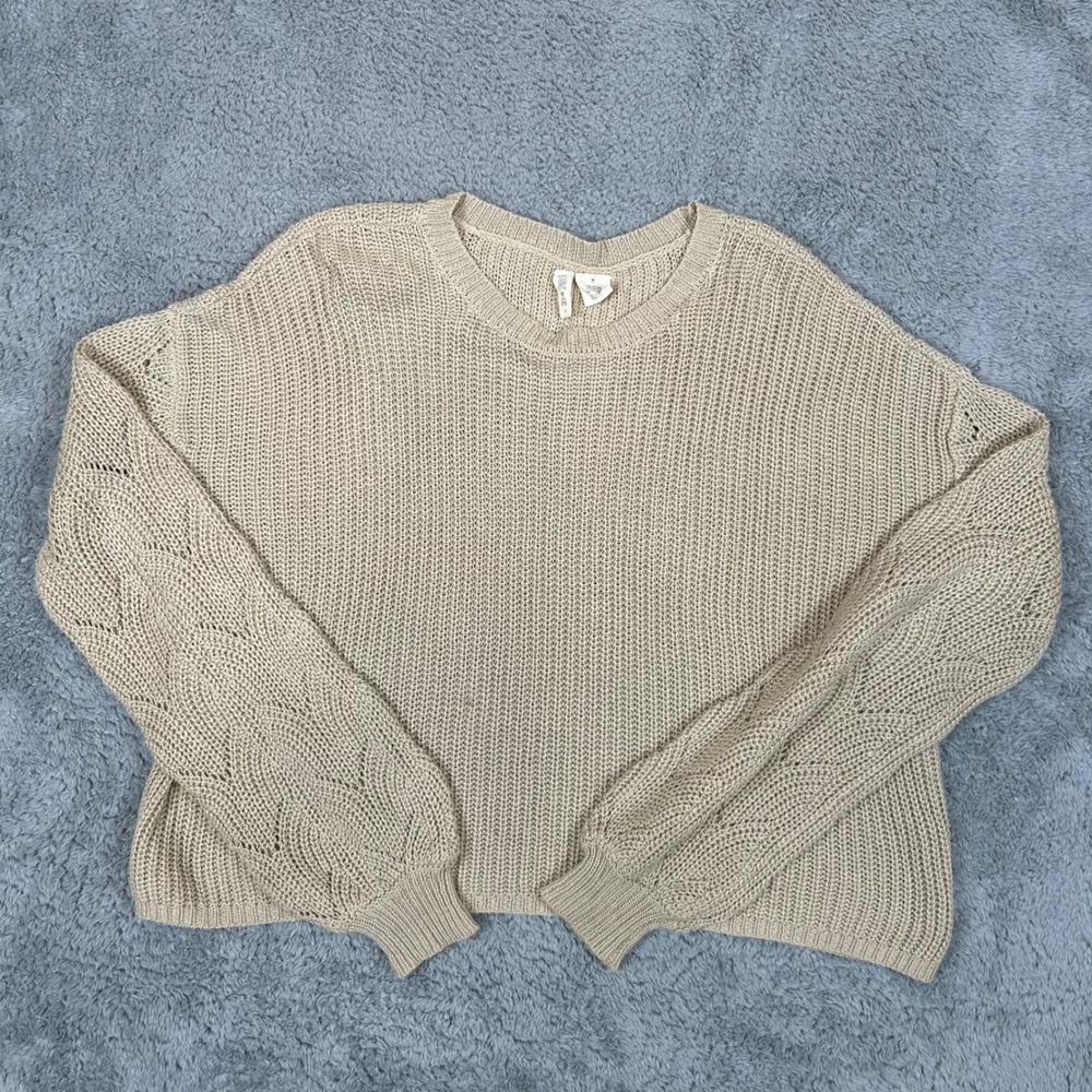 Sky and Sparrow Womens Beige Pointelle Balloon Sleeve Knit Sweater Size Medium
